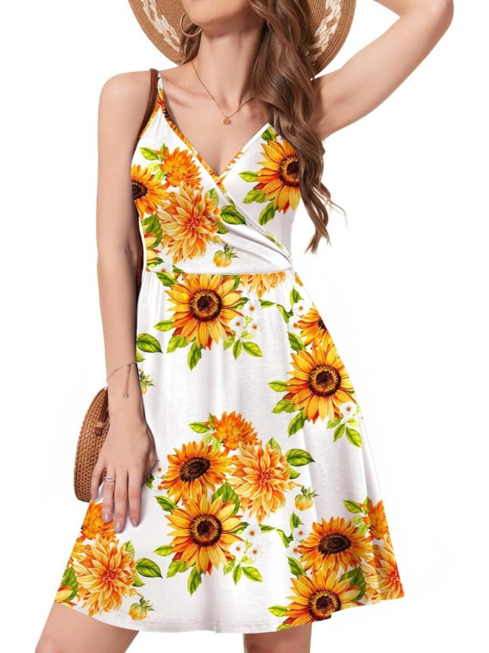 Women's White Summer Dress Floral Spaghetti Strap Sleeveless V-Neck Casual Dress